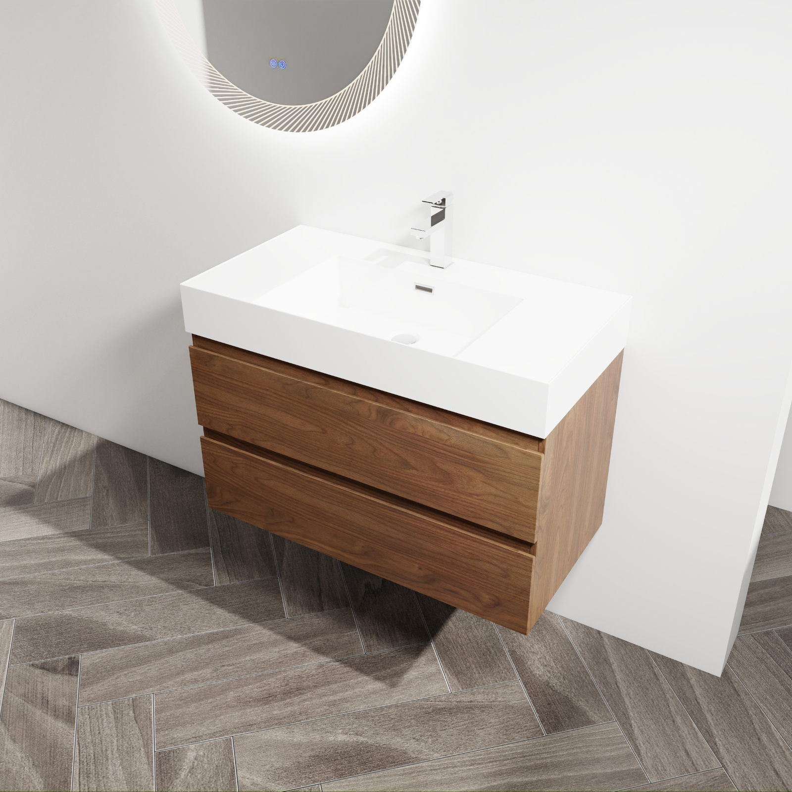 36 inch Bathroom Vanity Wall Mounted W/ Undermount Resin Sink + 2 Drawers Brown