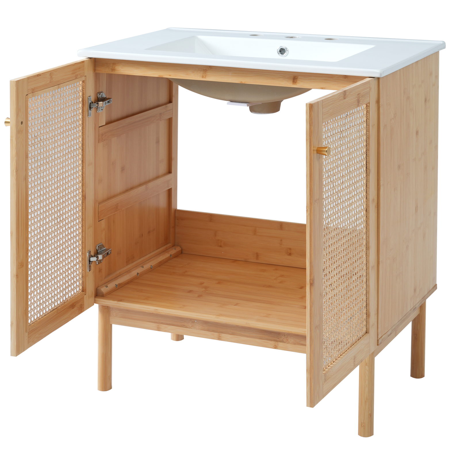 30″ Bathroom Vanity w/ Sink, Freestanding Vanity Storage Cabinet, 2 Rattan Doors