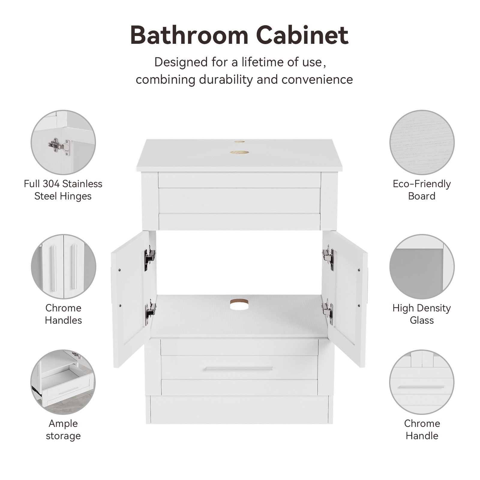 24″ Bathroom Vanity, Blue Glass Vessel Sink with Storage Drawer & Big Mirror