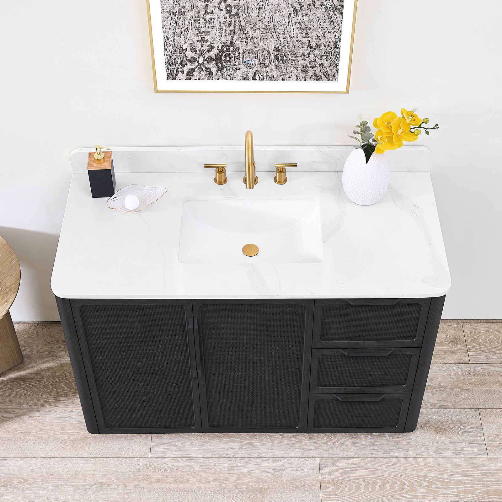 Busan 48″ Single Bath Vanity in Oak Classic Black with White Quartz Stone Top