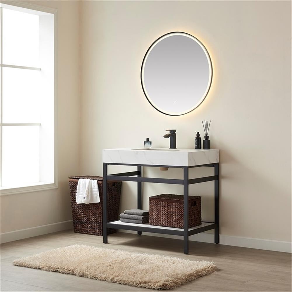 Funes 36″ Single Sink Bathroom Vanity in Matte Black Frame White Top w/ Mirror