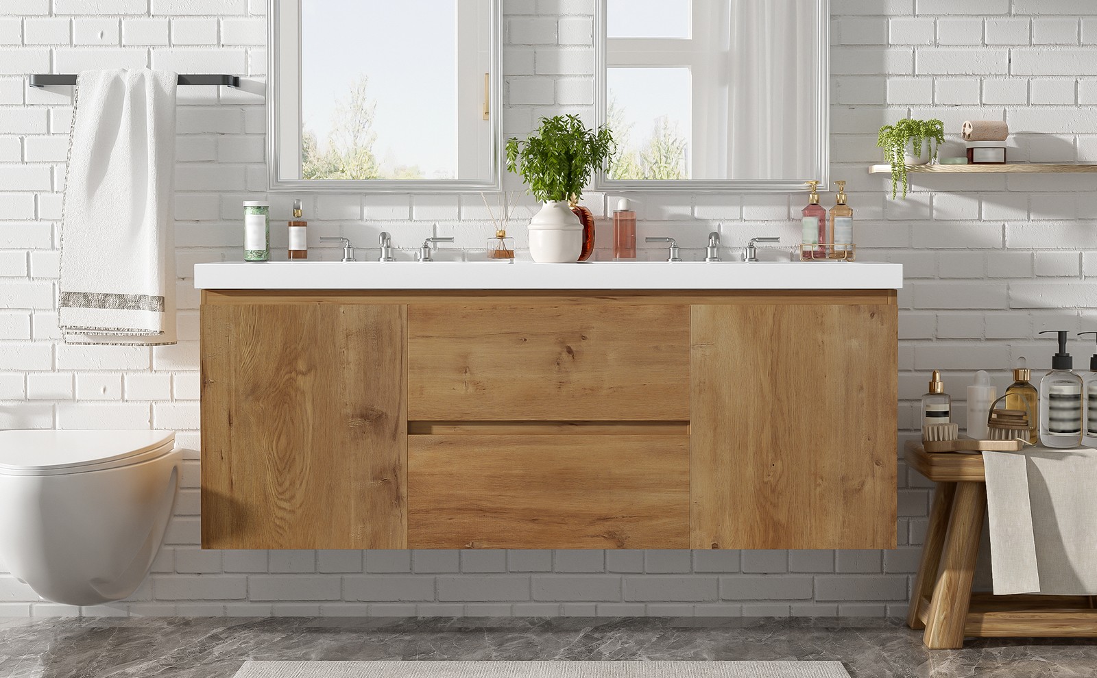 59.3″ Wall-Mounted Double Sink Bathroom Vanity with SMC Top, MDF Cabinet Wood