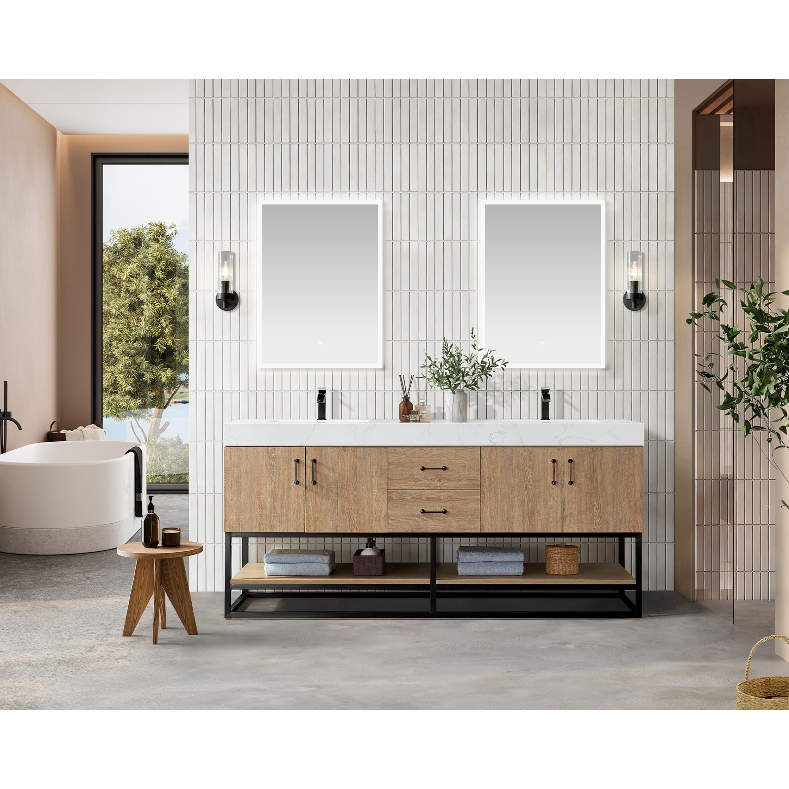 Vinnova Alistair 72″ White Stone Top Oak Double Vanity Black Frame w/o Mirror