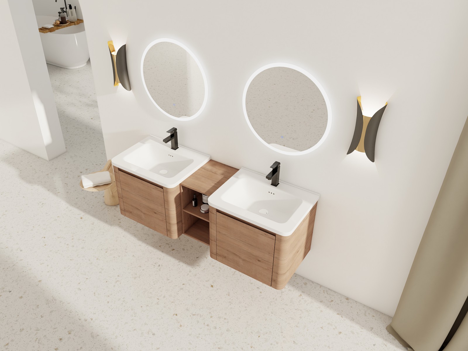 60in Wall-Mounted Bathroom Vanity W/ Double White Ceramic Sink Storage Shelves