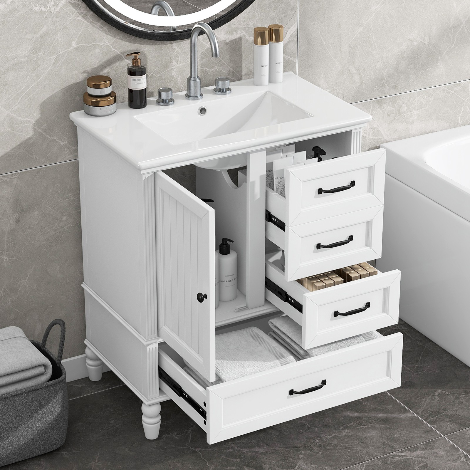 30″ Bathroom Vanity with Sink, Bathroom Cabinet with A Door, Three Drawers White