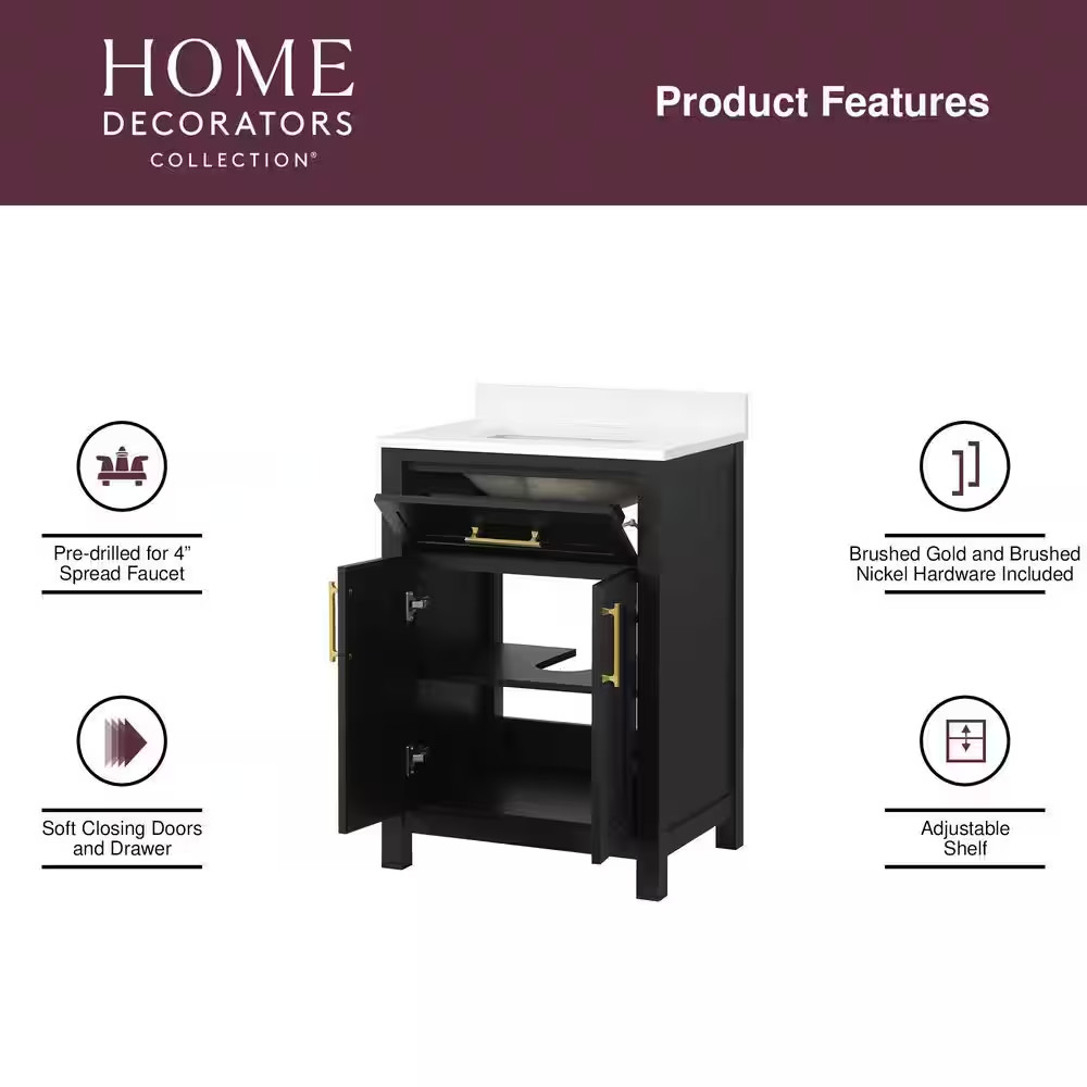 Beaufort 24 In. Single Sink Freestanding Black Bath Vanity with White Engineered
