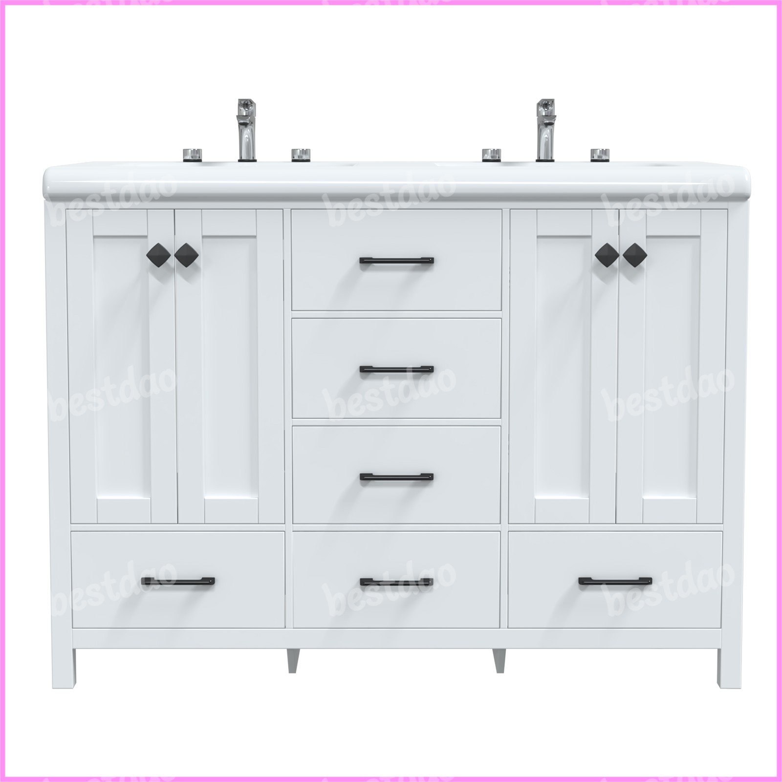 White 47″ Bathroom Vanity Storage Cabinet with Double Ceramic Sink Freestanding