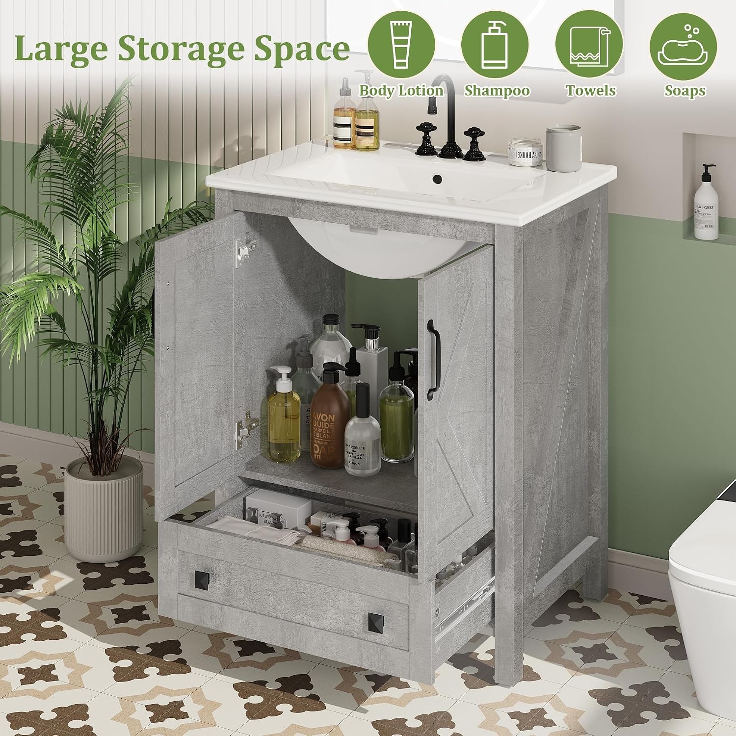 30 in Vanity with Ceramic Sink Bathroom Vanity with 2 Door and 1 Drawer Cabinet