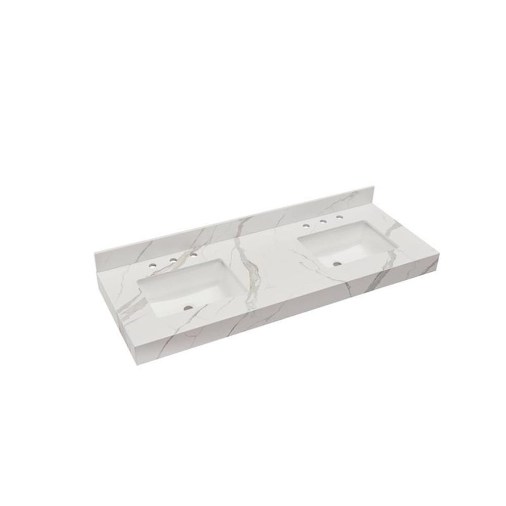 61 in. Composite Stone Apron Vanity Top in Calacatta White with White Basins