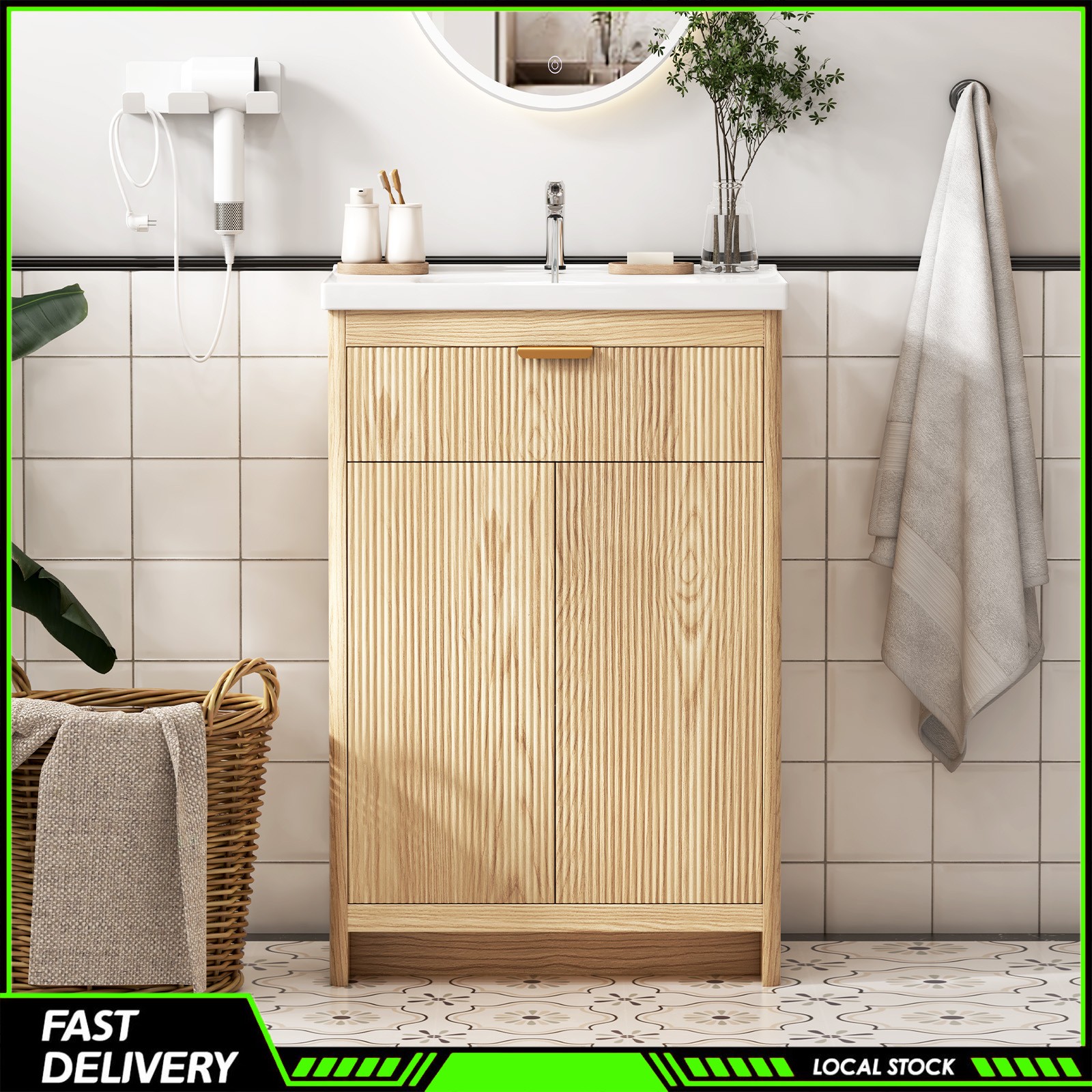 23.6 Inch Bathroom Vanity Wooden Freestanding Cabinet Ceramic Sink for Bathroom