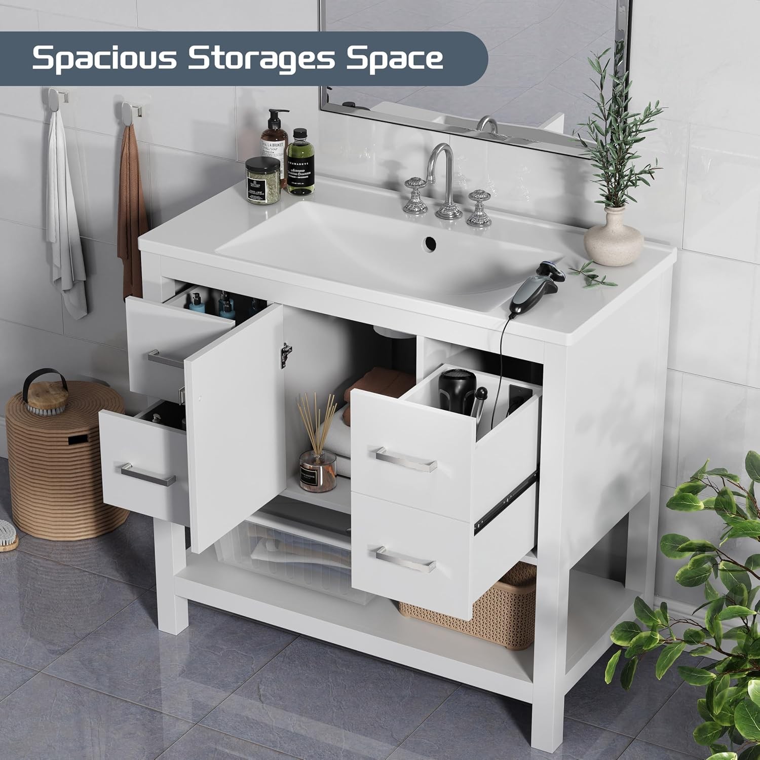 36” Bathroom Vanity W/ Single Sink Solid Wood Frame Modern Bathroom Storage