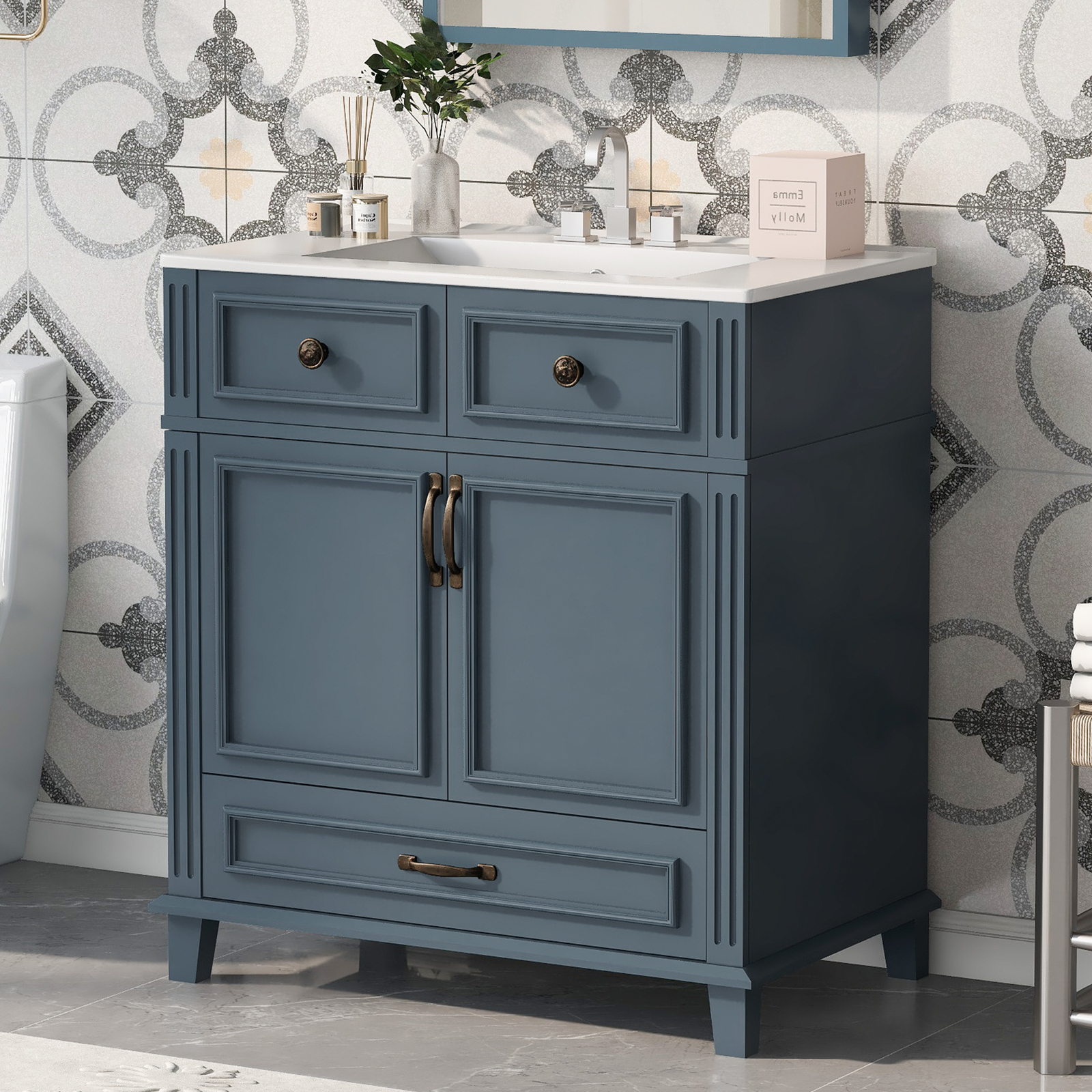 30” Bathroom Vanity with Ceramic Sink,Solid Wood Frame Bathroom Storage Cabinet