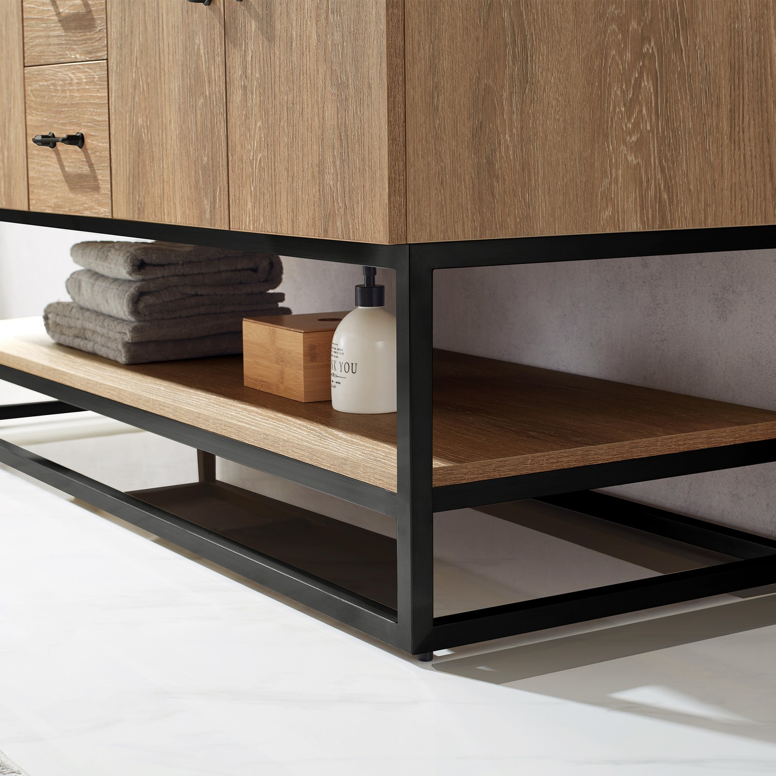 Vinnova Alistair 60″ White Stone Top Oak Double Vanity Black Frame w/o Mirror