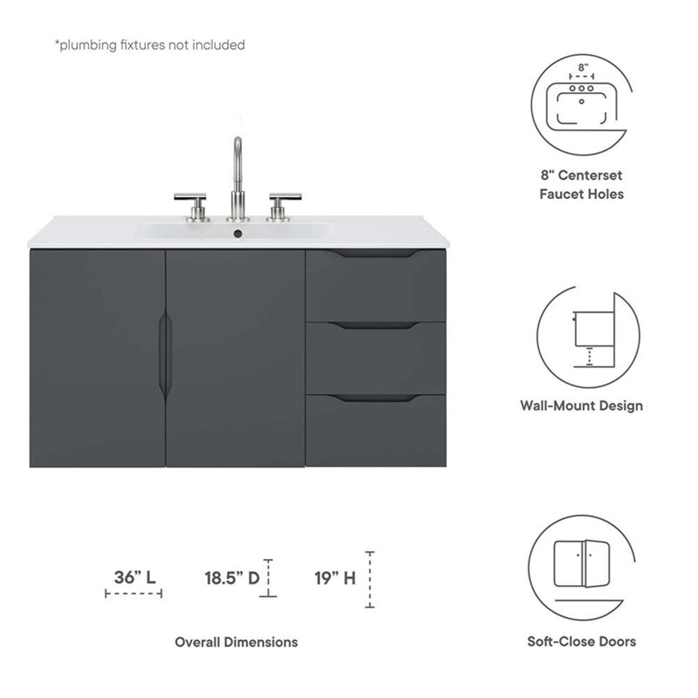 Modway Vitality 36″ Modern Wood/Ceramic Bathroom Vanity in Gray/White