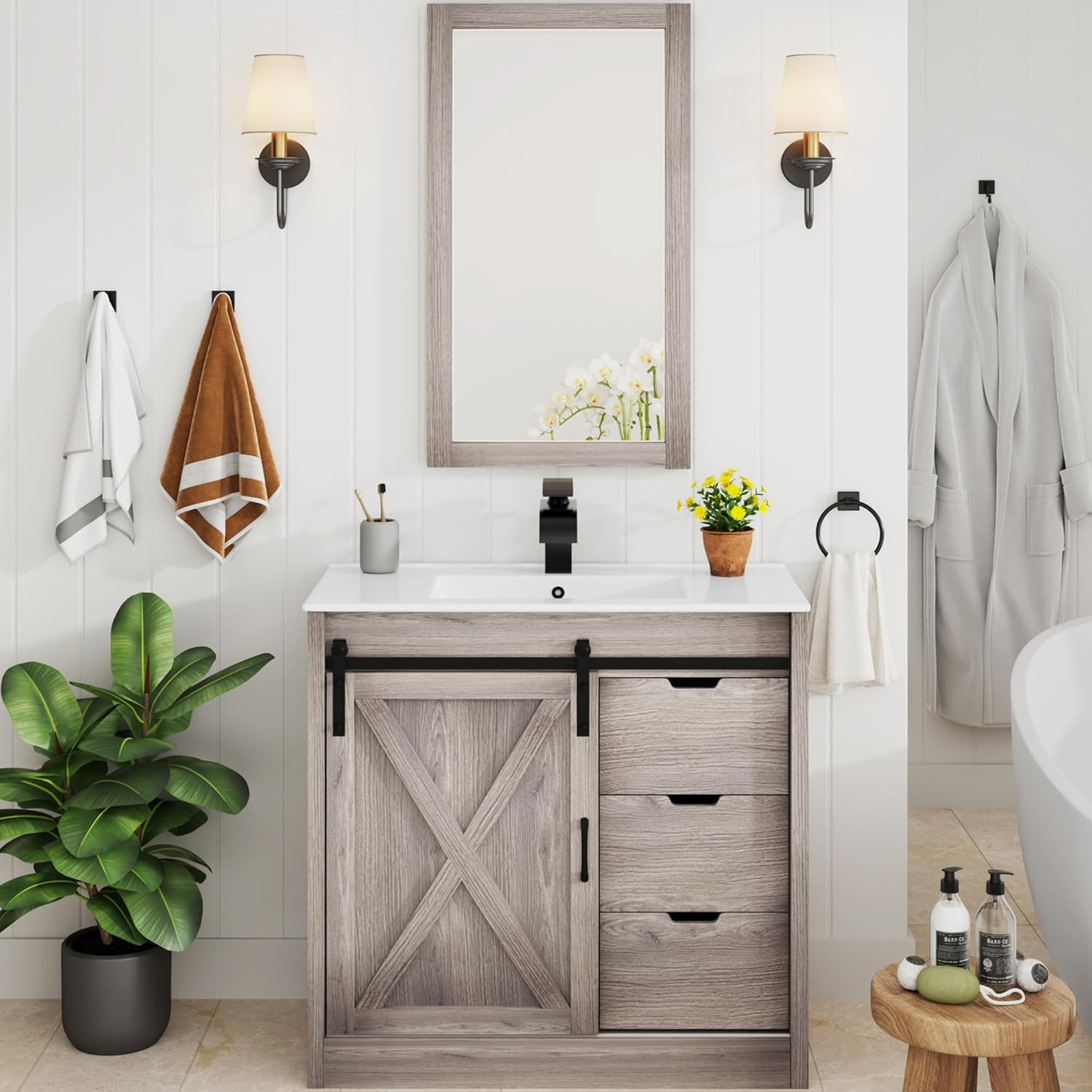 36 Inch Bathroom Vanity with Sink & Faucet & Mirror, Farmhouse Bathroom Vanity C