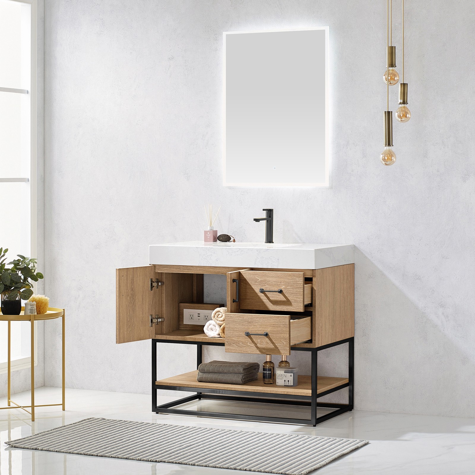 Vinnova Alistair 36″ White Stone Top Oak Single Vanity Black Frame w/o Mirror
