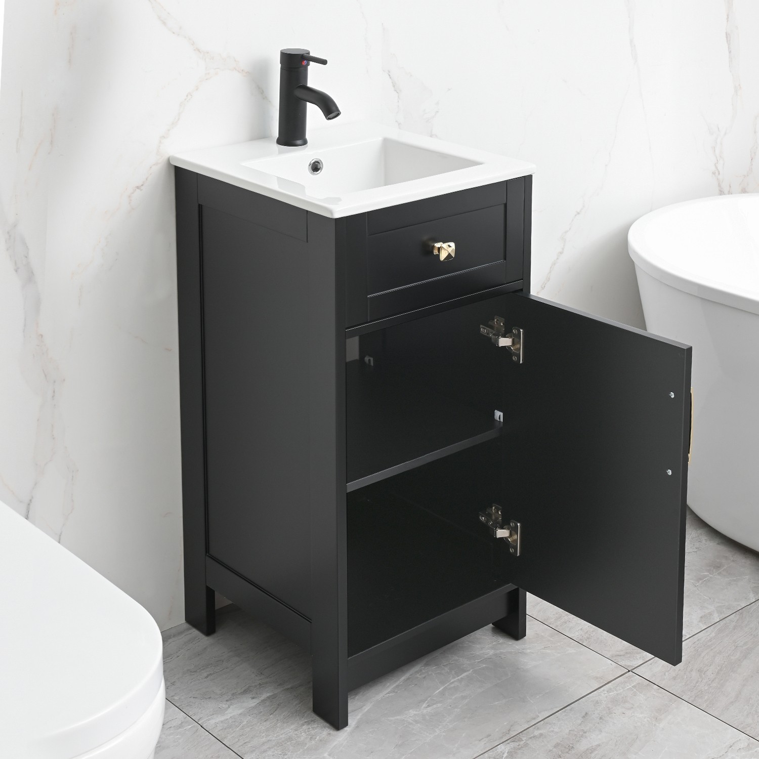 16″ Small Bathroom Vanity with Sink Cabinet Set Ceramic Sink Faucet &Drain Combo
