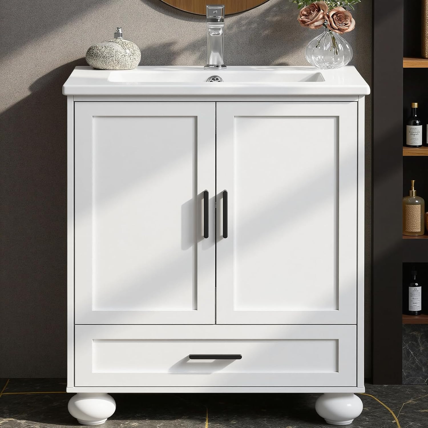 LIKIMIO 24″ Bathroom Vanity with Ceramic Sink, 2 Doors 1 Drawer, Solid Wood Legs