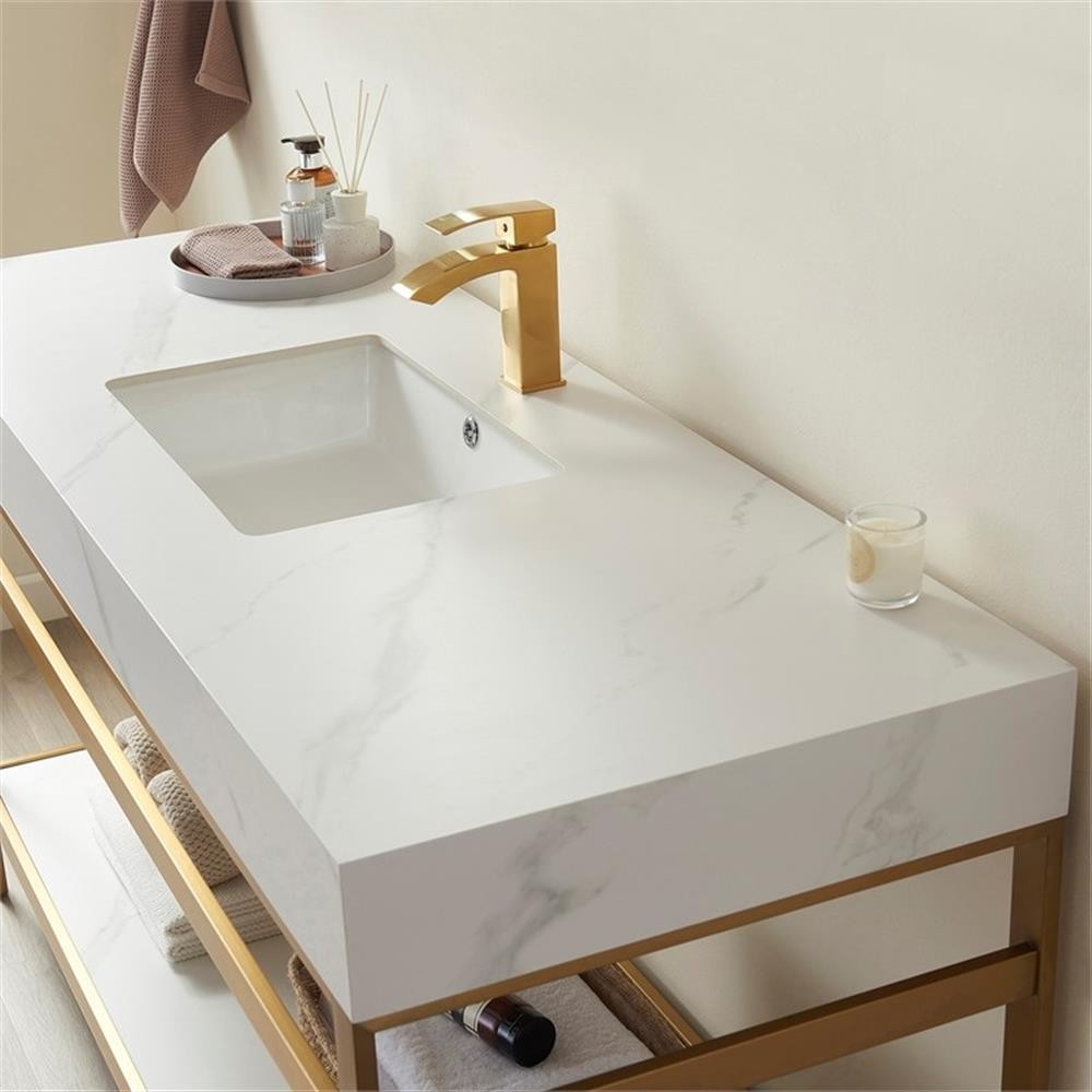 Funes 48″ Single Sink Bathroom Vanity in Brushed Gold Frame White Top No Mirror
