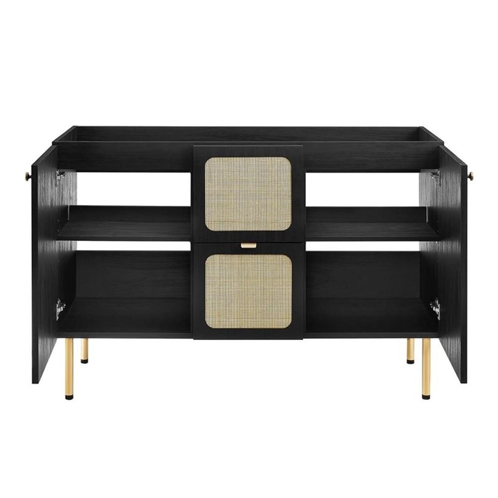 Pemberly Row 48″ Wood & Rattan Bathroom Vanity Cabinet in Black
