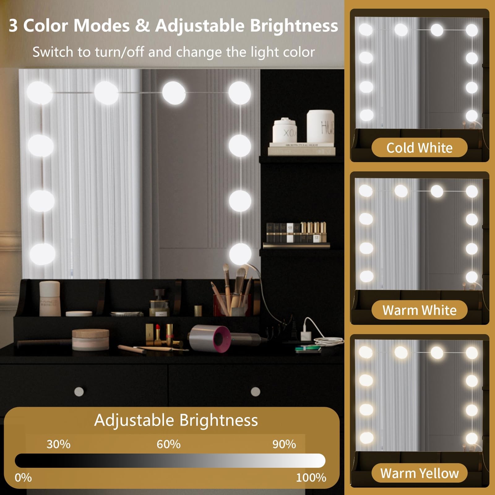 Vanity Table Dresser w/ Light Mirror Charging 10 LED Stool Drawers Shelves Black