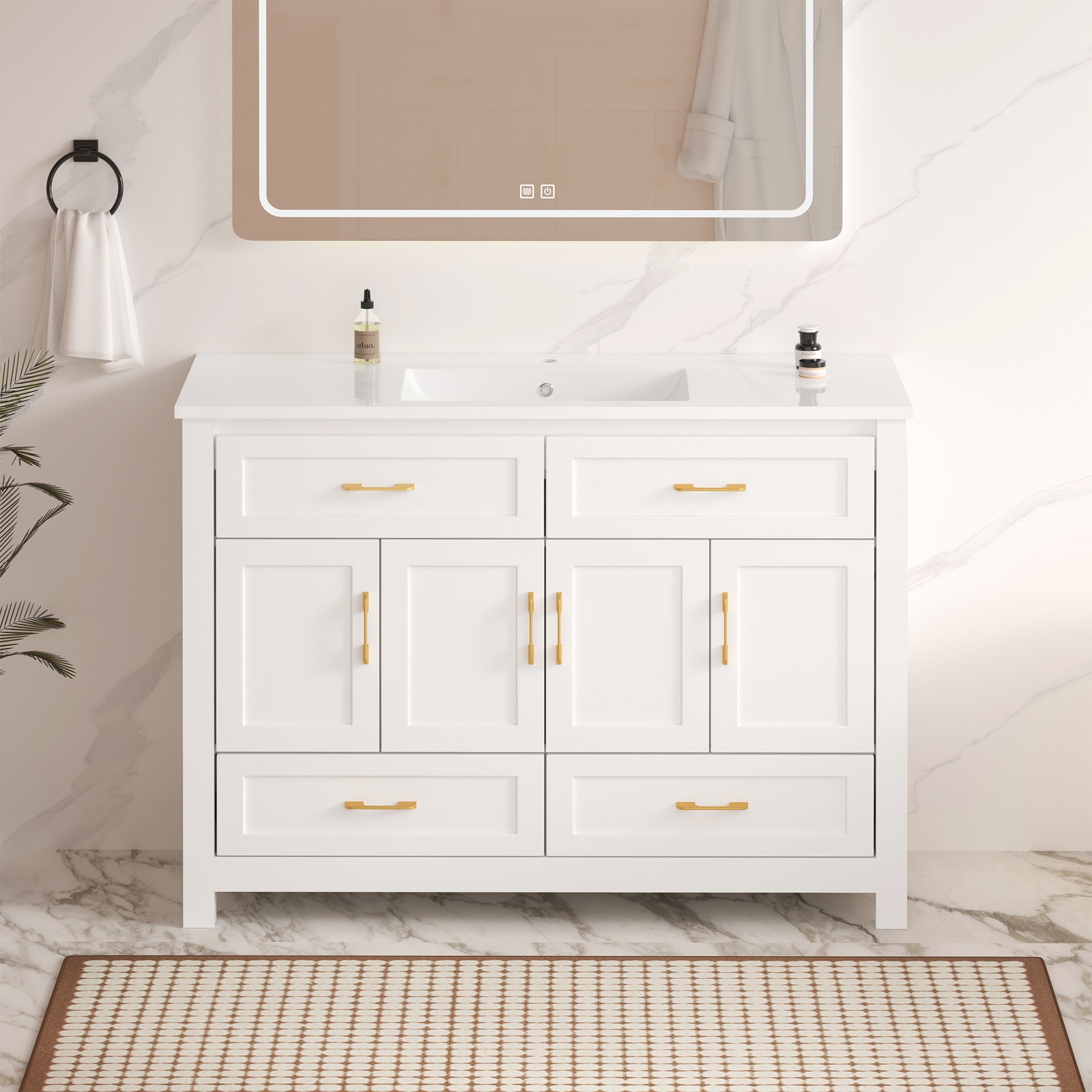 48 Inch White Bathroom Vanity with Resin Sink and Storage Cabinet