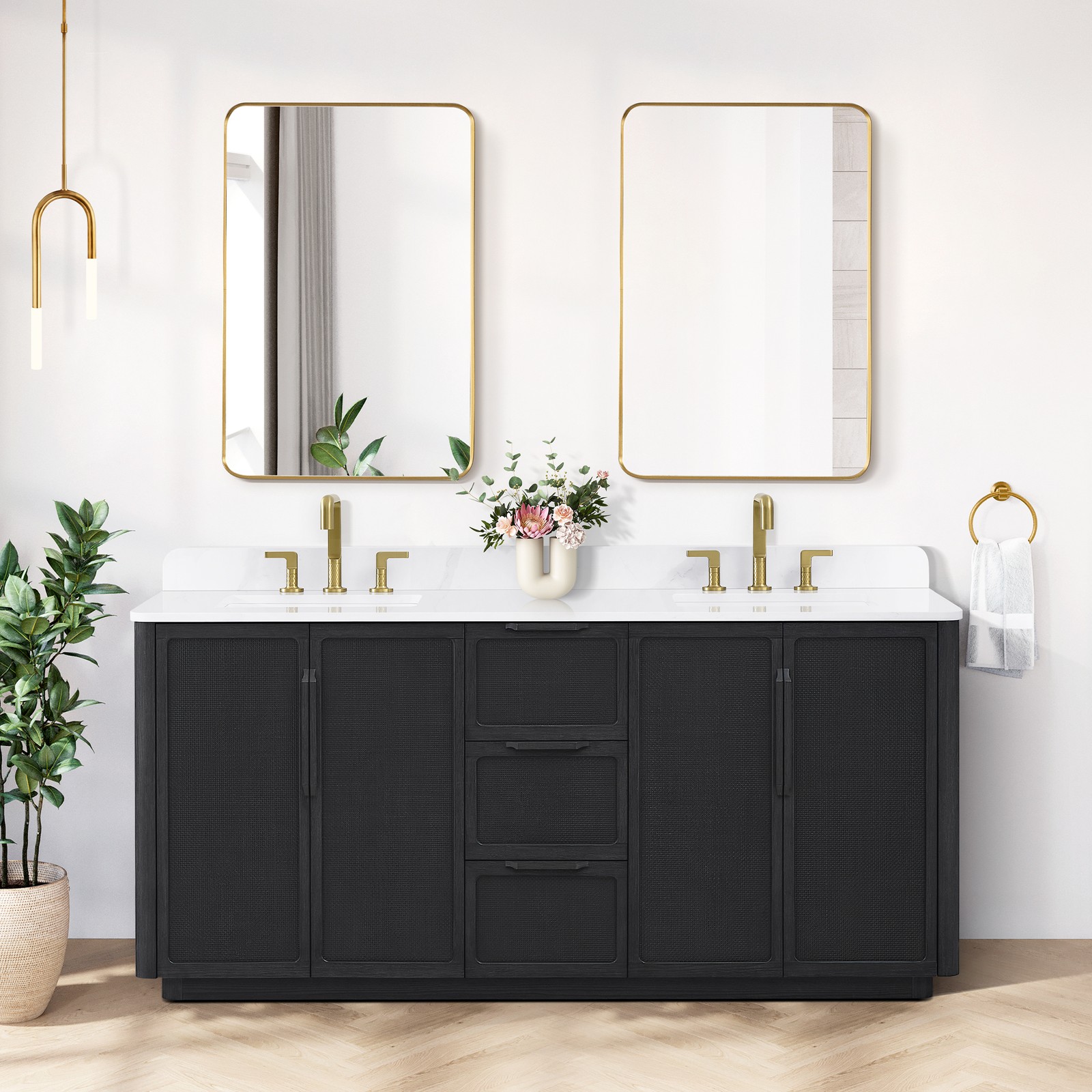 Busan 72″ Double Bath Vanity in Oak Classic Black with White Quartz Stone Top
