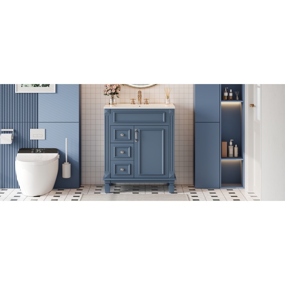 24 Inch Modern Blue Bathroom Vanity with Ceramic Sink Solid Wood MDF Cabinet