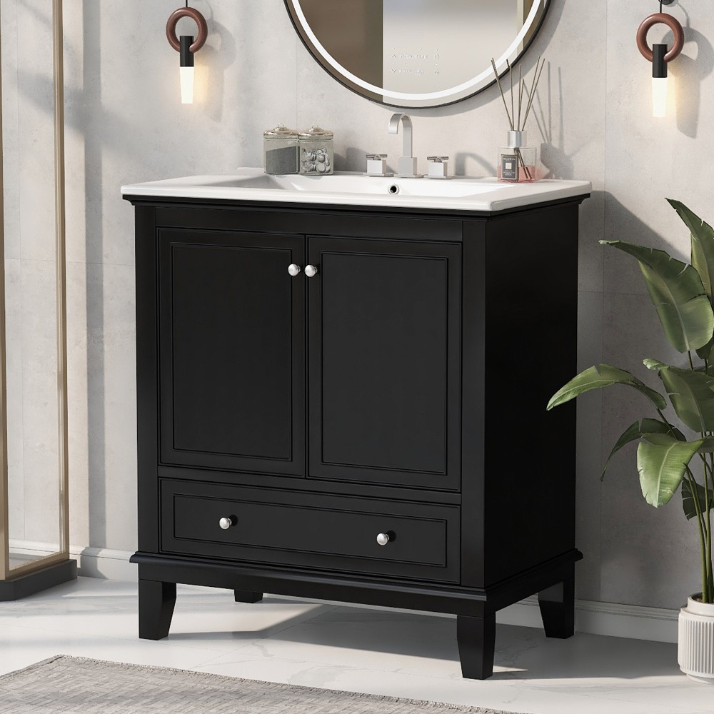 30 Inch Black Bathroom Vanity with Sink Combo Solid Wood MDF Bathroom Cabinet