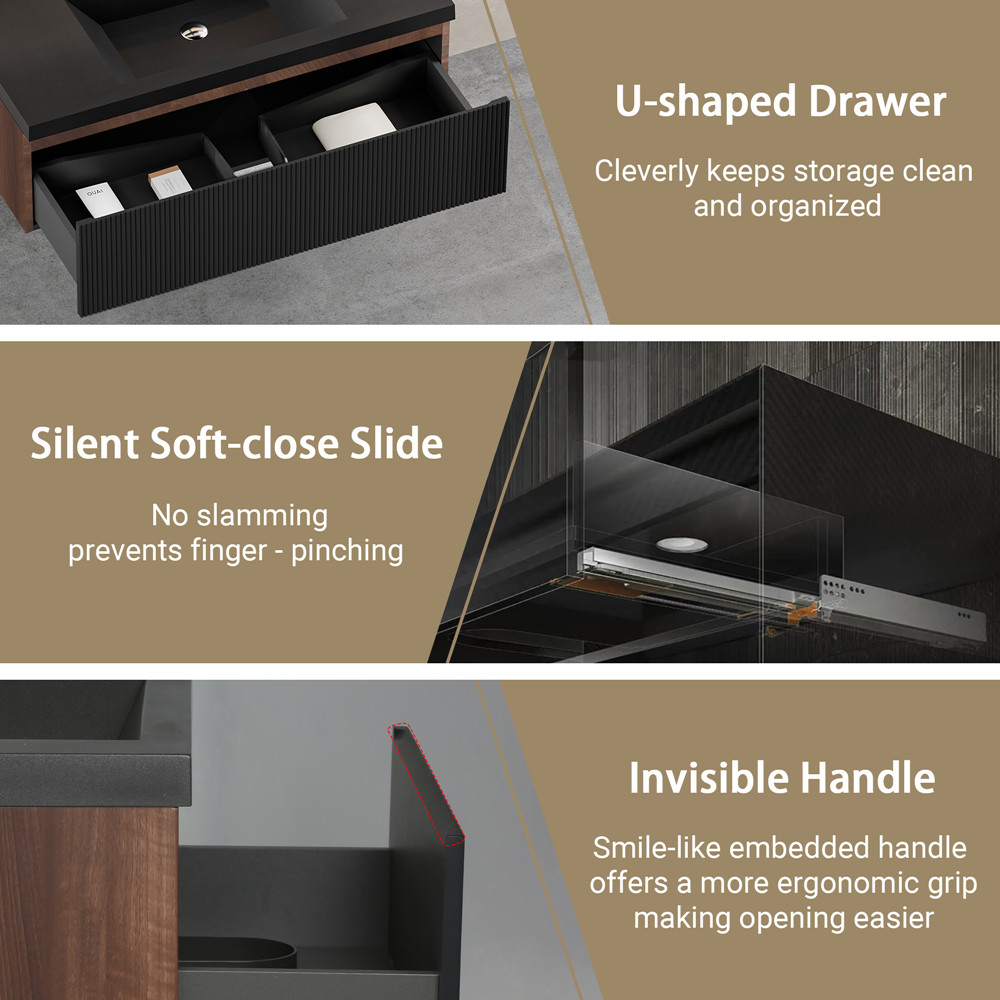 42″ Wall Mounted Bathroom Vanity w/Black Sink, Floating Vanity Cabinet, Drawer
