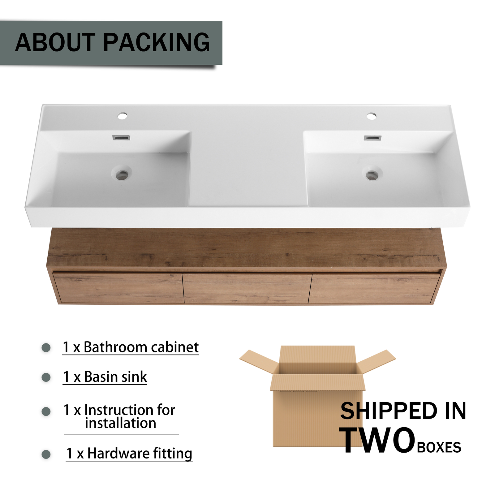 60″ Wood Floating Wall Mounted Bathroom Vanity with Double Resin Sink +3Drawers