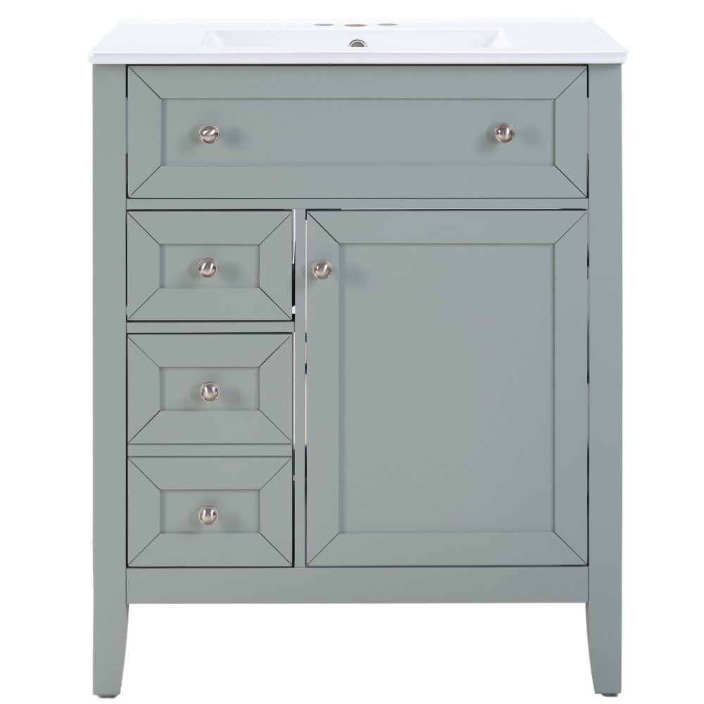 30″ Blue Grey Bathroom Vanity with Ceramic Sink – Soft-Close Drawers