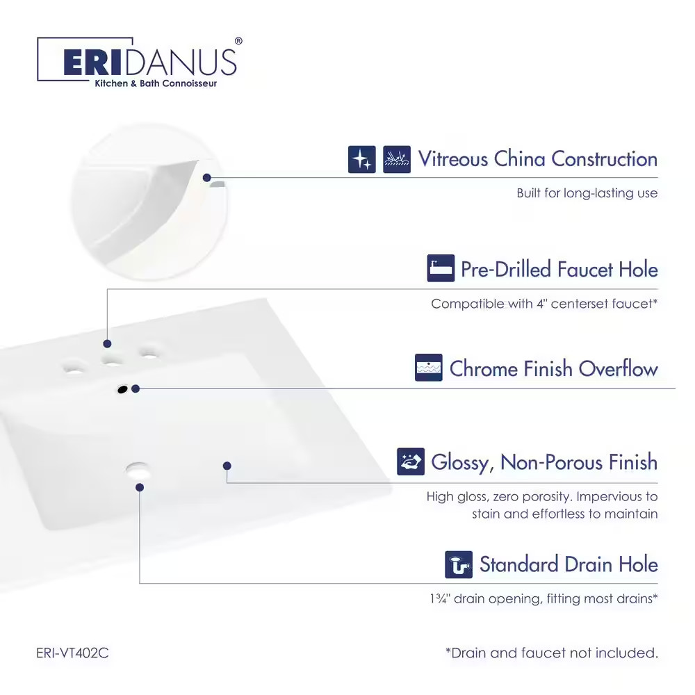 Tucson 24 In. W X 18 In. D Vitreous China Vanity Top in White with 3 Faucet Hole