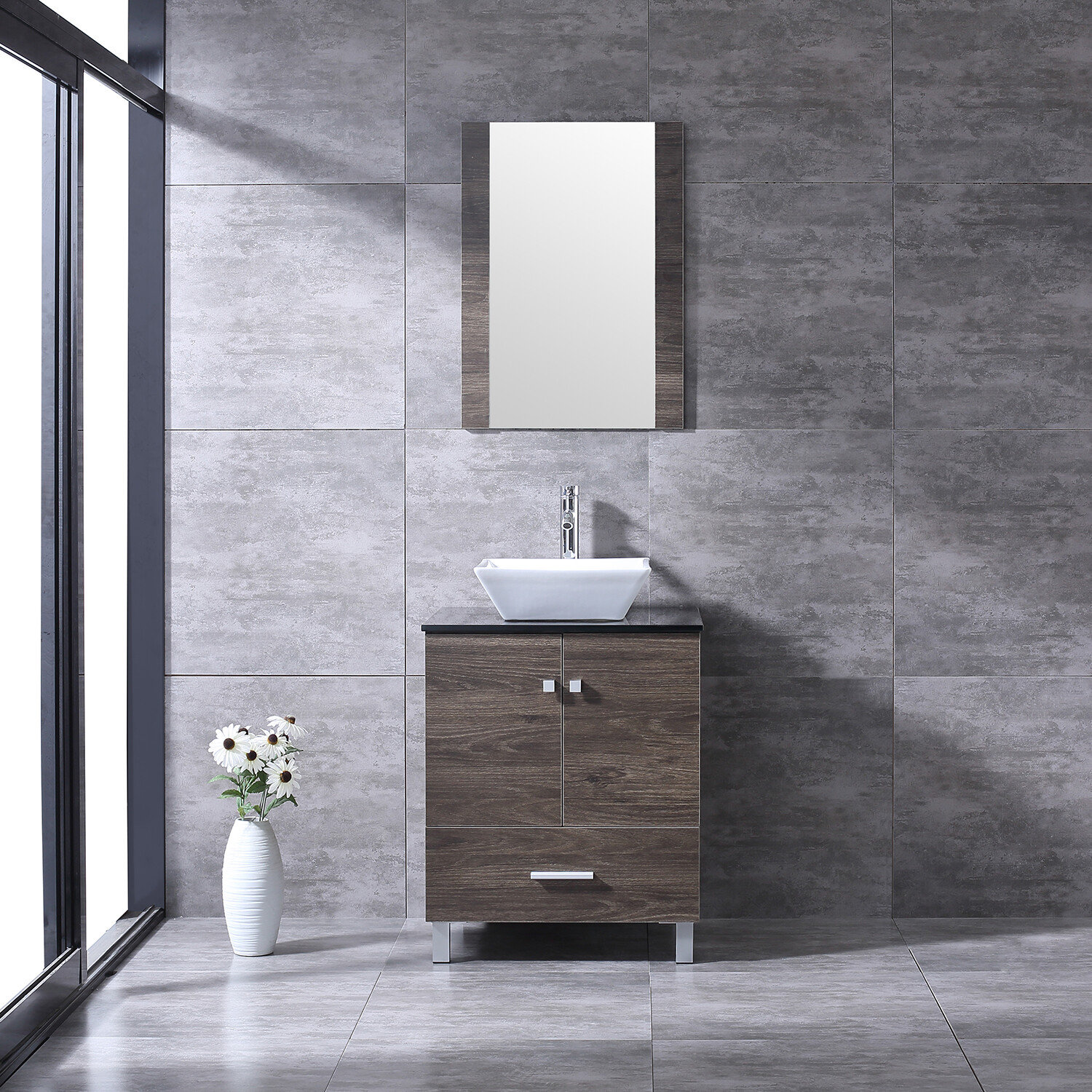 24″Bathroom Vanity Wood Cabinet White Ceramic Sink Bowl Basin Brown Mirror Combo