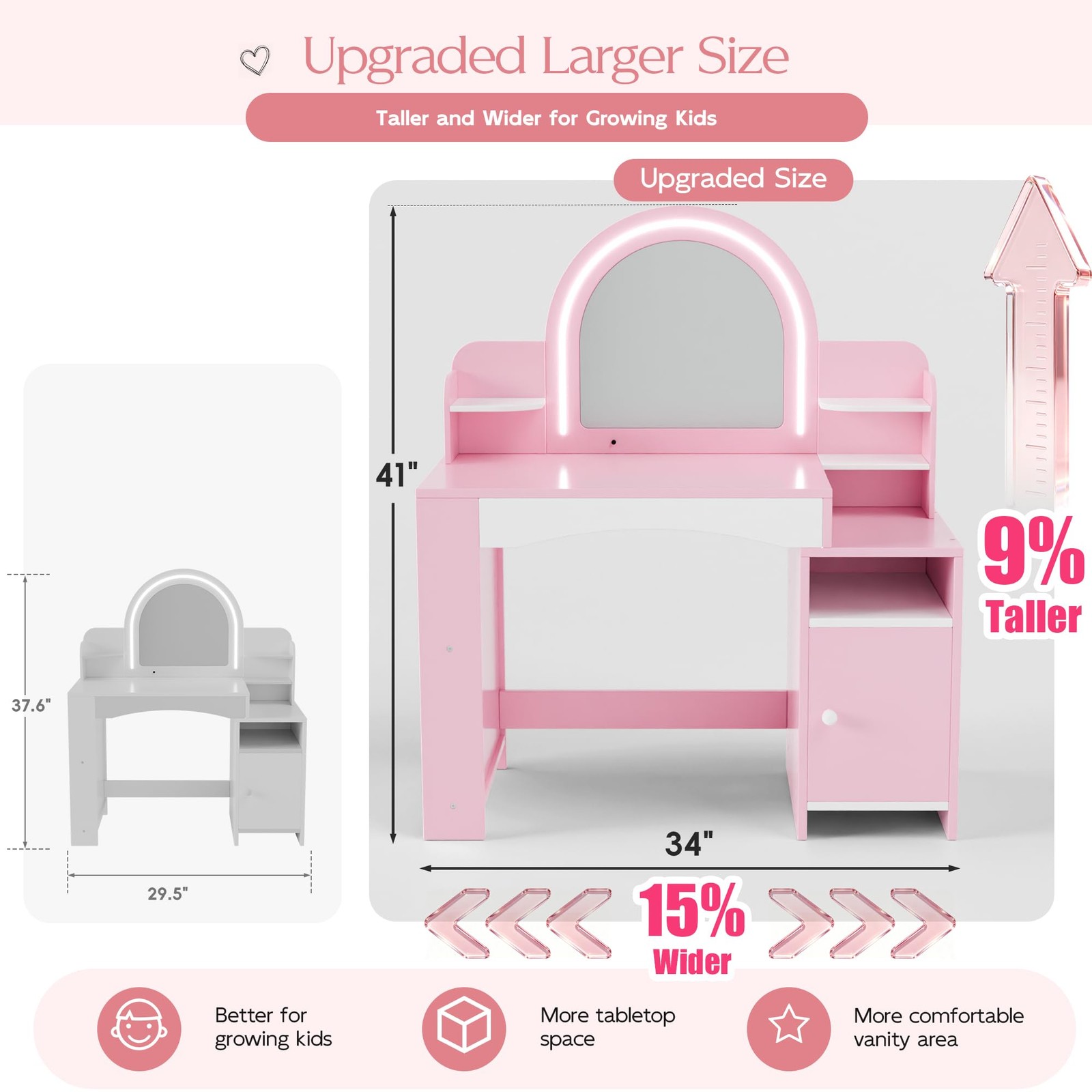 Kids Vanity Lights Princess Makeup Desk 2in1 Table Chair Set Lighted Mirror Pink
