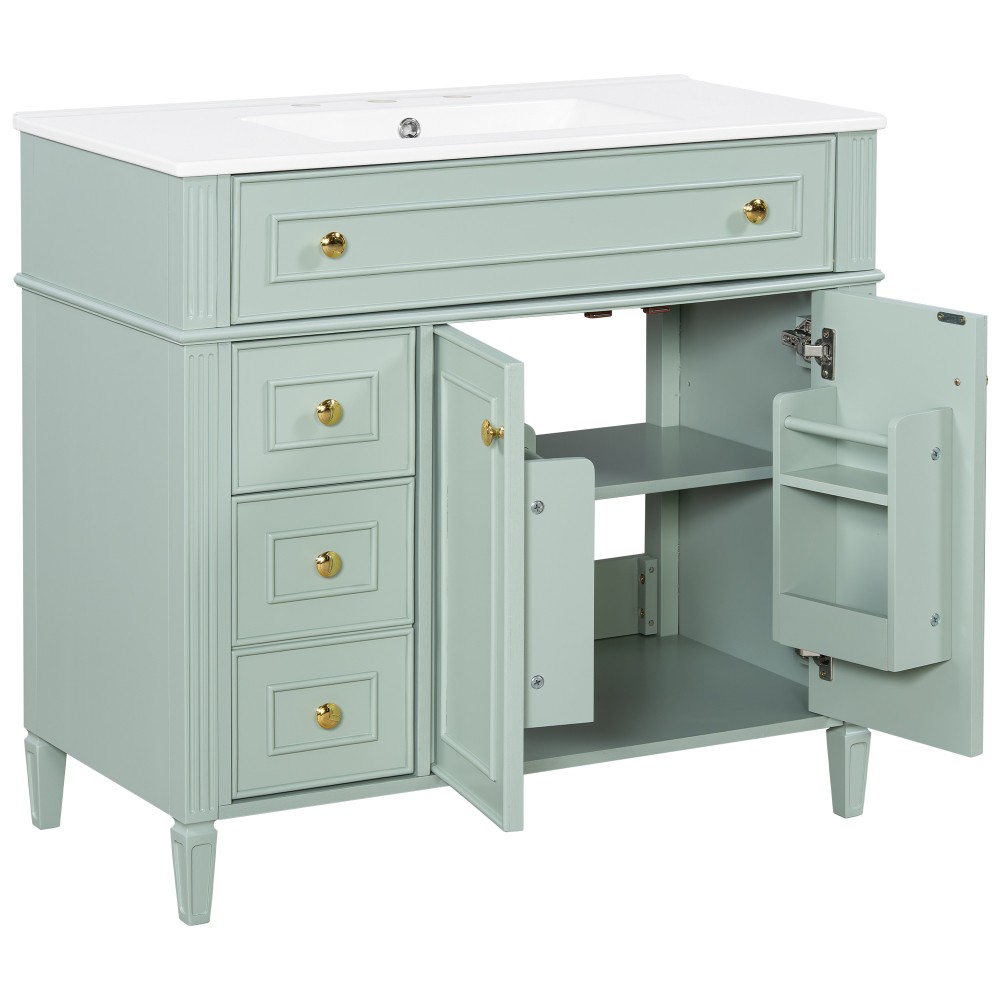 36 Inch Bathroom Vanity with Sink, Green Solid Wood Cabinet with Flip-Out Drawer