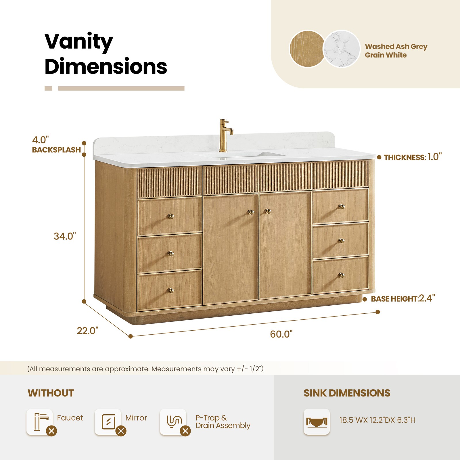 Zogno 60″ Solid Wood Single Bath Vanity in Washed Ash Gray with White Stone Top