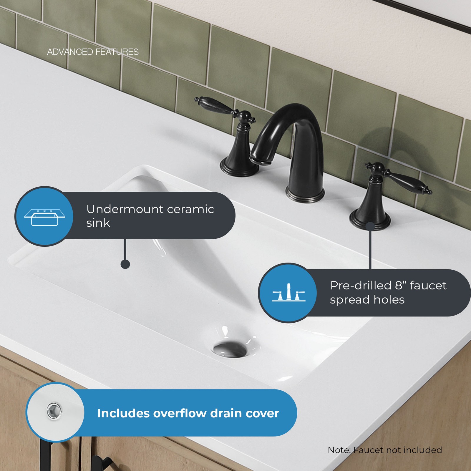 Solas 60″ Double Bathroom Vanity in Sahara Birch with White Countertop