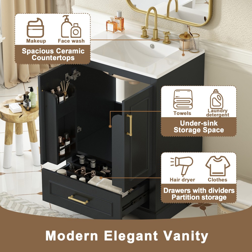 24″Bathroom Vanity with Sink, MDF Cabinet with Solid Wood Frame 1 Divided Drawer
