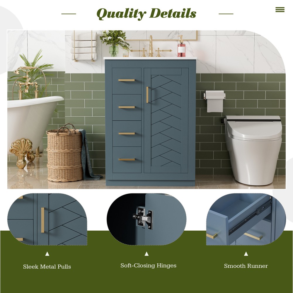 24 Inch Single Sink Bathroom Vanity Ceramic Top Drawers Storage Cabinet