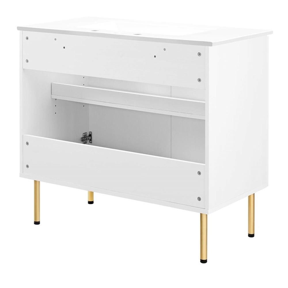 Pemberly Row 36″ Wood & Rattan Bathroom Vanity with Adjustable Shelf in White