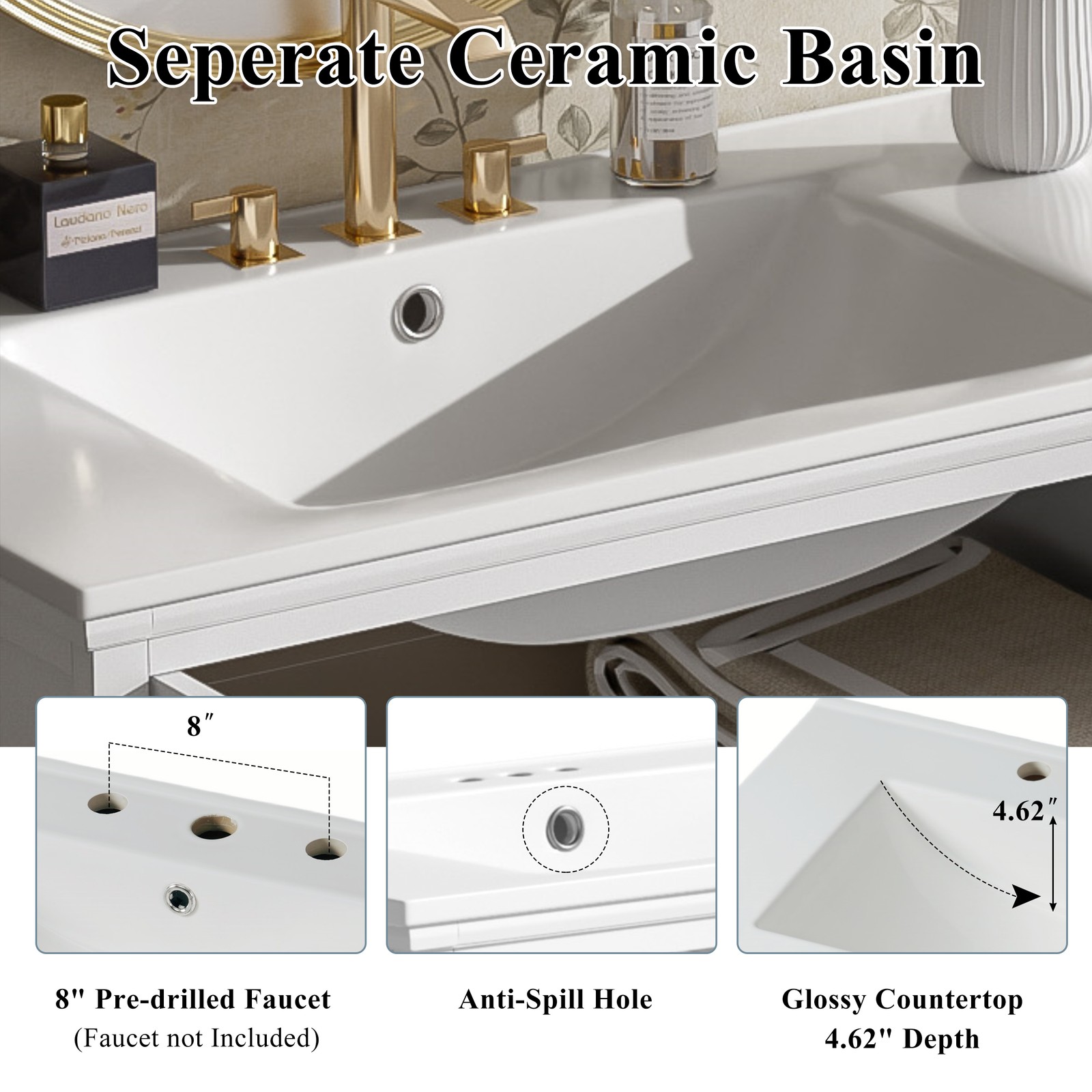 Ceramic sink, rubber-wood frame dressing table cabinet, tempered glass + handle