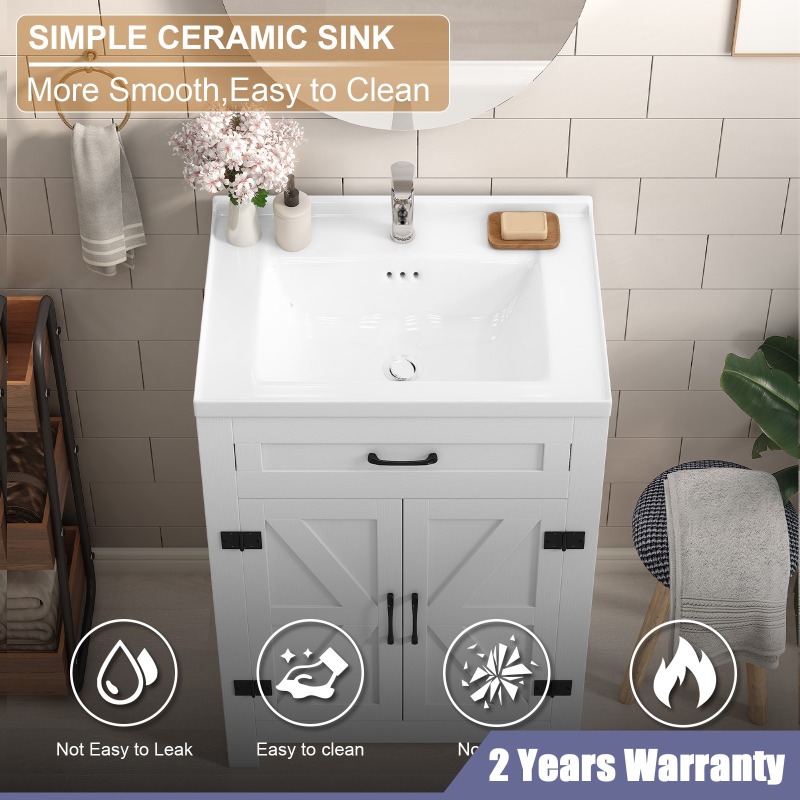 23″ Bathroom Vanity Cabinet & Door Ceramic Sink Bowl Cabinet Bath Organizer