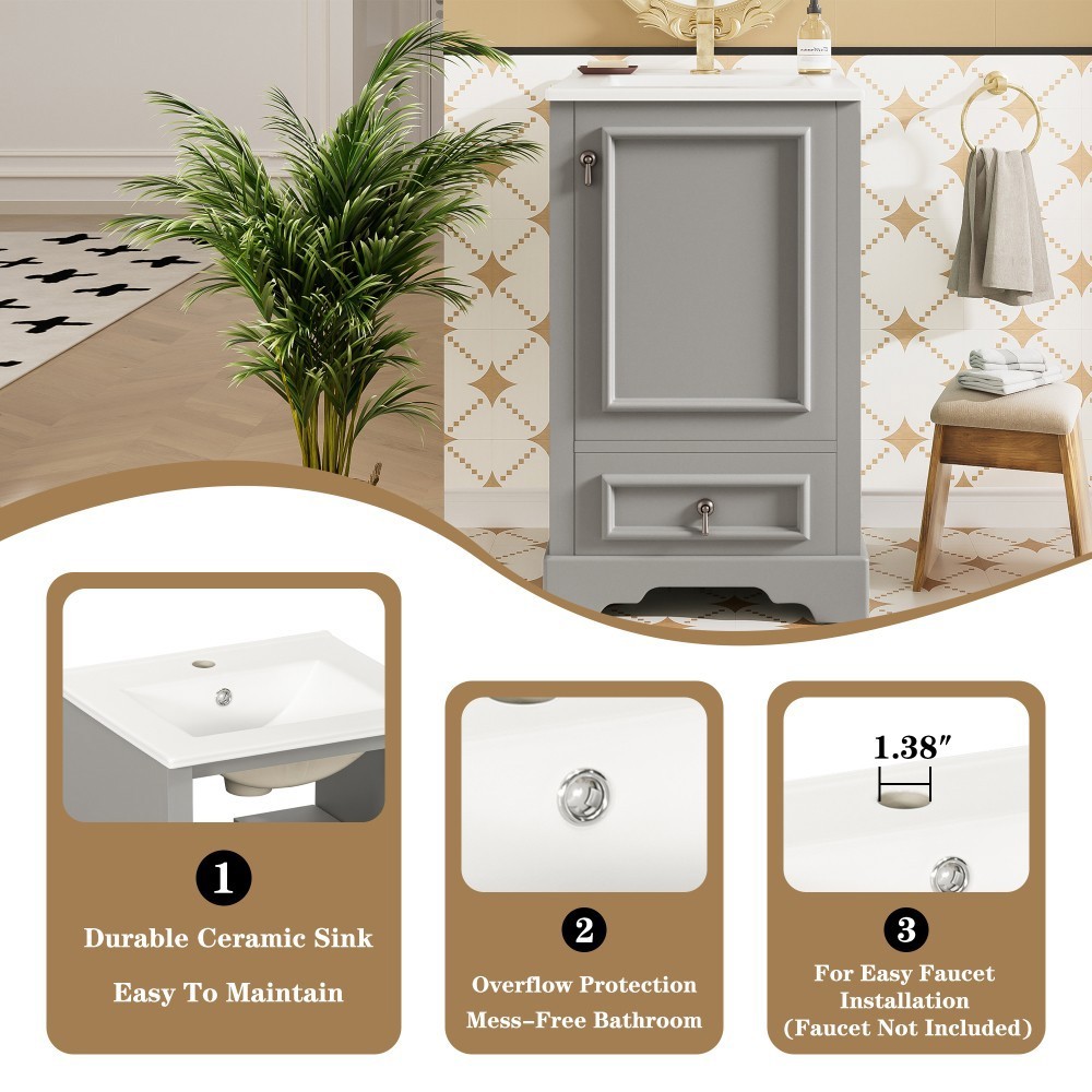 Modern 20″ Bathroom Vanity with Ceramic Sink, Soft Close Door, Adjustable Shelf