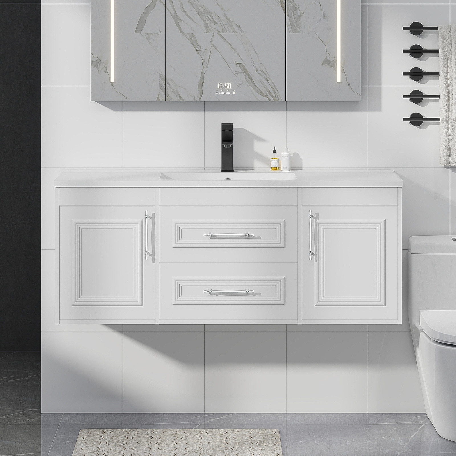 48″ White Wall Mount Floating Bathroom Vanity with Sink 2 Soft Close Drawers