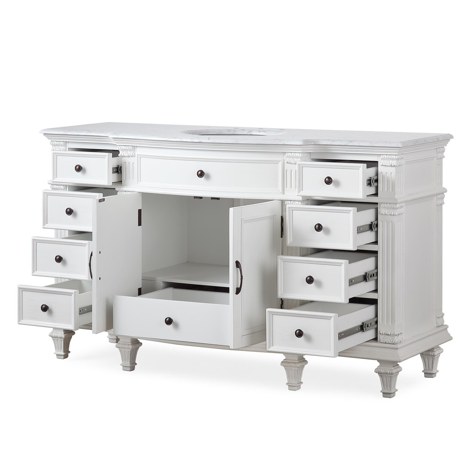 60″ Single Sink Cabinet Carrara White Marble Stone Top White Bathroom Vanity