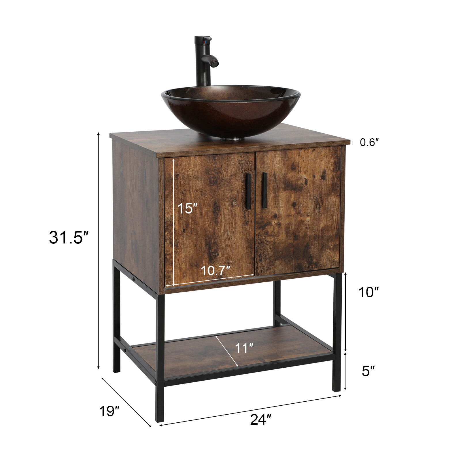 24″ Bathroom Vanity Sink Combo Brown Cabinet Vanity Tempered Glass/Ceramic Sink