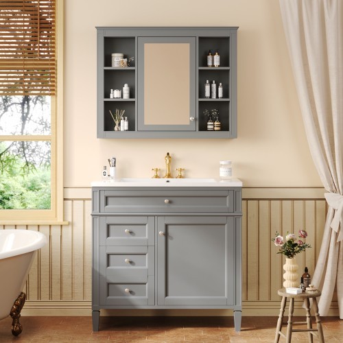 36” Blue Bathroom Vanity w/ Sink & Mirror Cabinet Storage Soft Close Doors