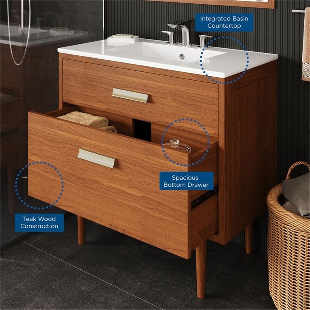 Pemberly Row 36″ Modern Wood & Ceramic Bathroom Vanity in Natural/White