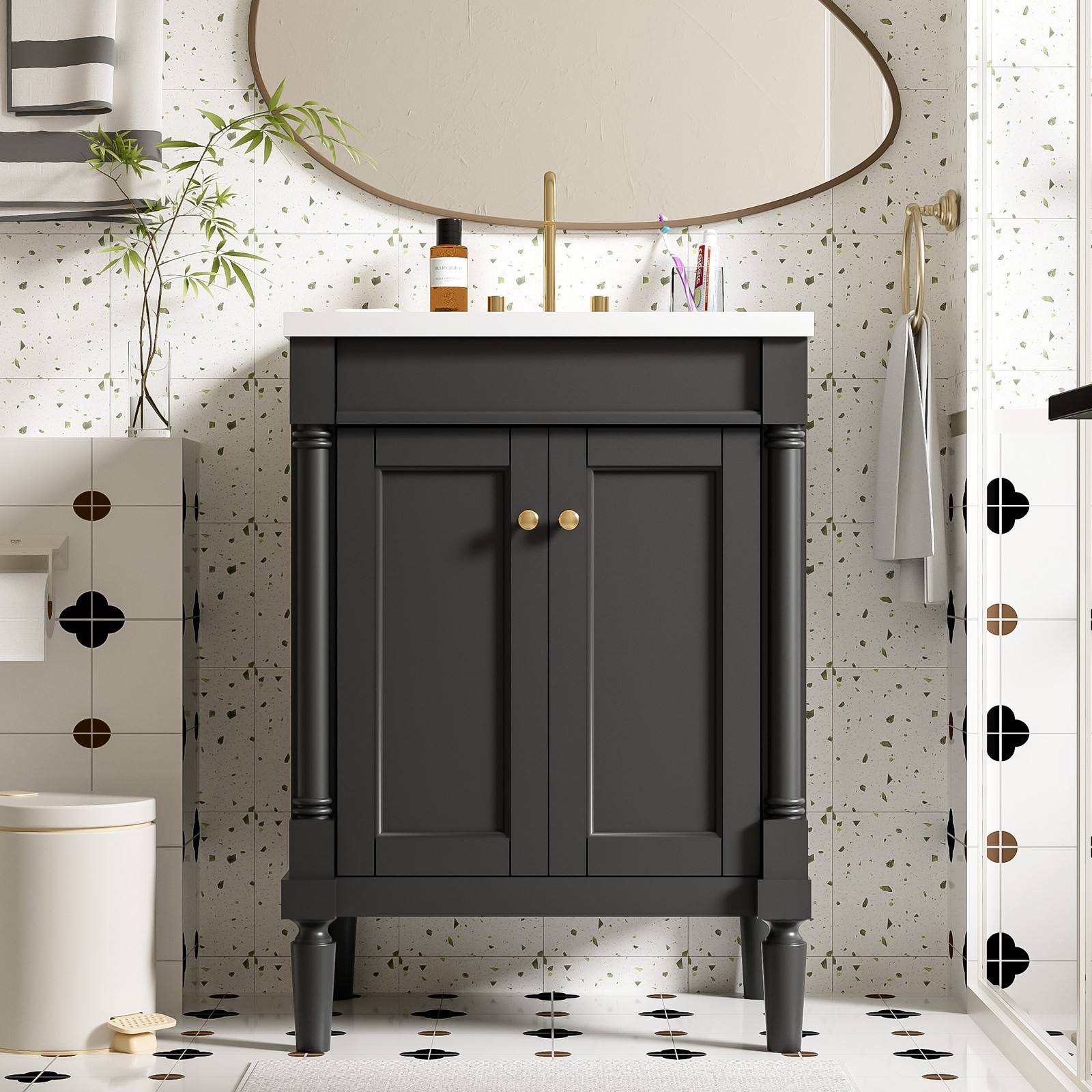 24″ Bathroom Vanity with Sink, Modern 2-Tier Storage Cabinet, Black